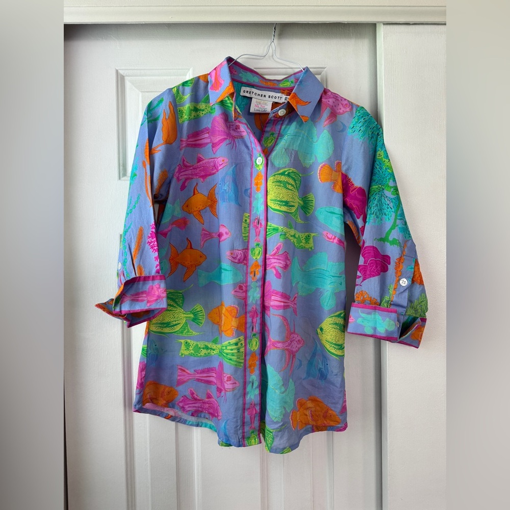 Gretchen Scott Boyfriend Shirt Sea Sway Fish button up shirt